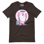 Brown t-shirt featuring Jay, a cartoon mischievous LGBTQ+ bear character dressed as a ghost in a pink bedsheet saying "BOO!"