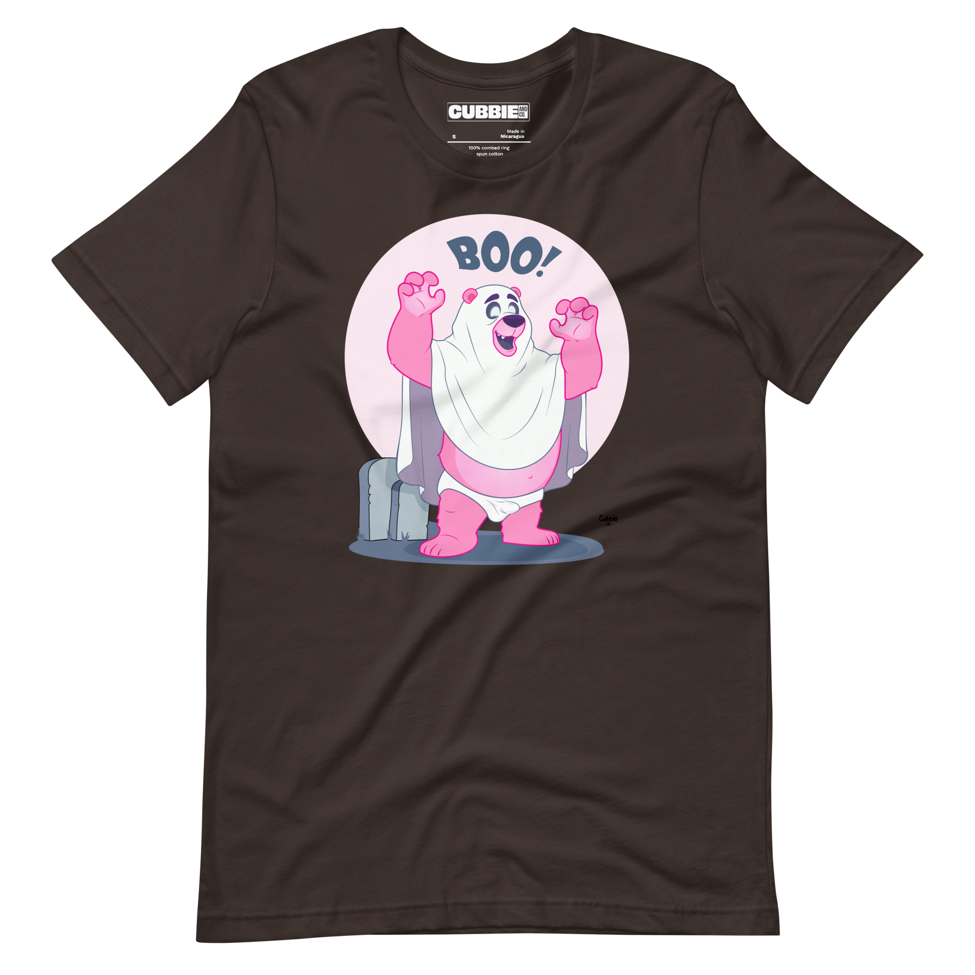Brown t-shirt featuring Jay, a cartoon mischievous LGBTQ+ bear character dressed as a ghost in a pink bedsheet saying "BOO!"