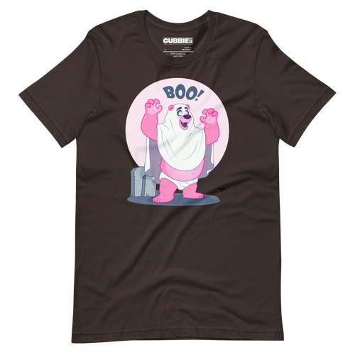 Brown t-shirt featuring Jay, a cartoon mischievous LGBTQ+ bear character dressed as a ghost in a pink bedsheet saying "BOO!"