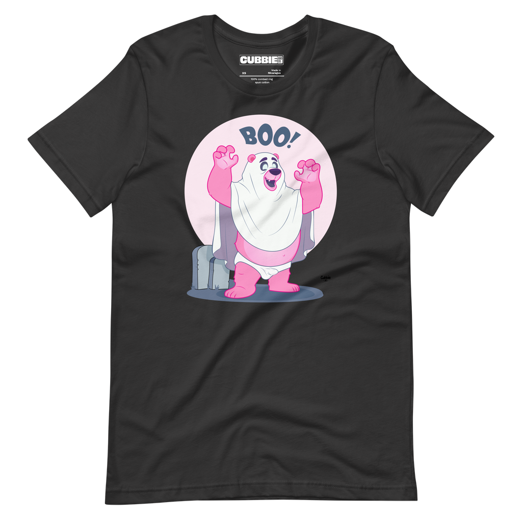 Dark grey t-shirt featuring Jay, a cartoon mischievous LGBTQ+ bear character dressed as a ghost in a pink bedsheet saying "BOO!"