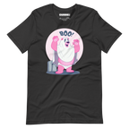 Dark grey t-shirt featuring Jay, a cartoon mischievous LGBTQ+ bear character dressed as a ghost in a pink bedsheet saying "BOO!"