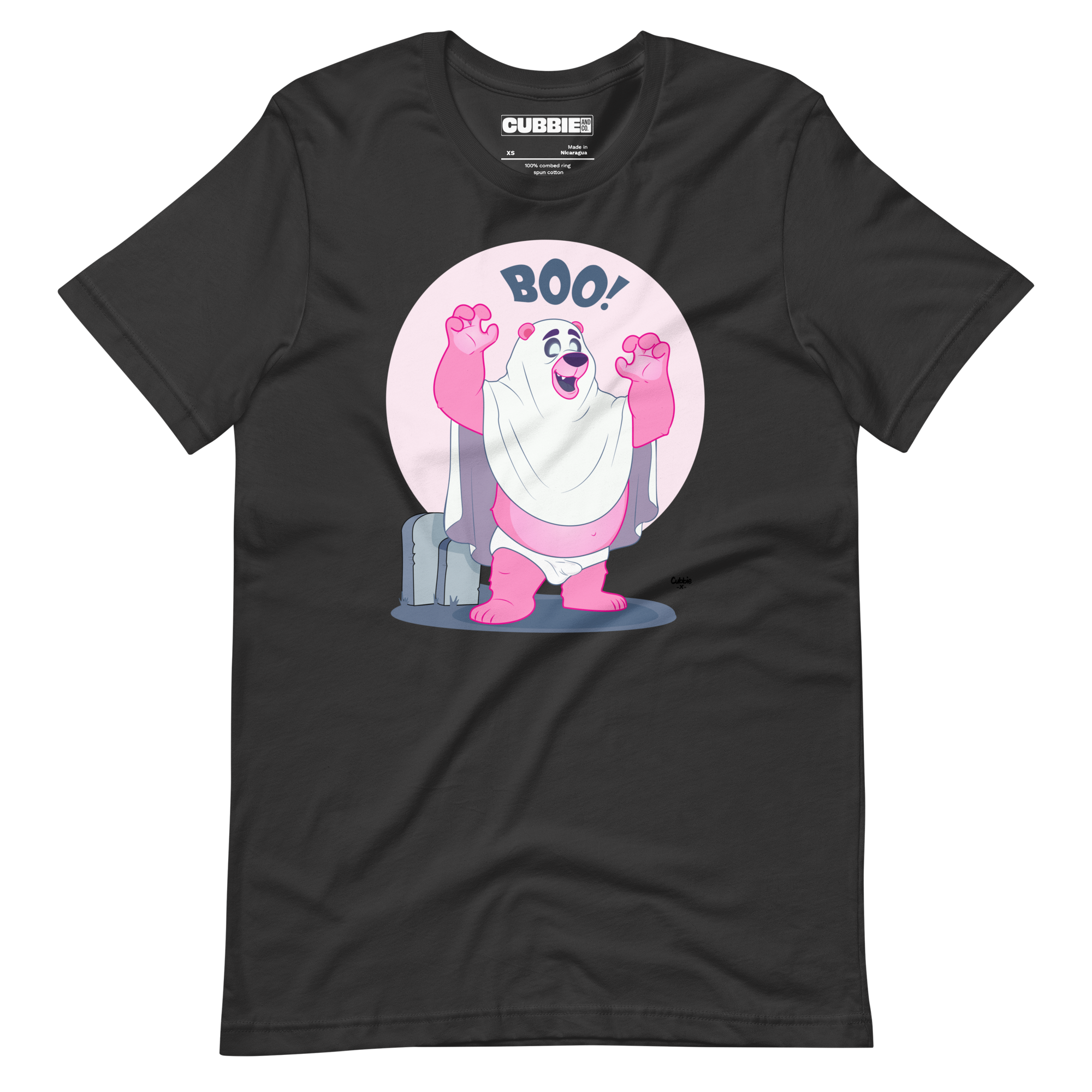 Dark grey t-shirt featuring Jay, a cartoon mischievous LGBTQ+ bear character dressed as a ghost in a pink bedsheet saying "BOO!"