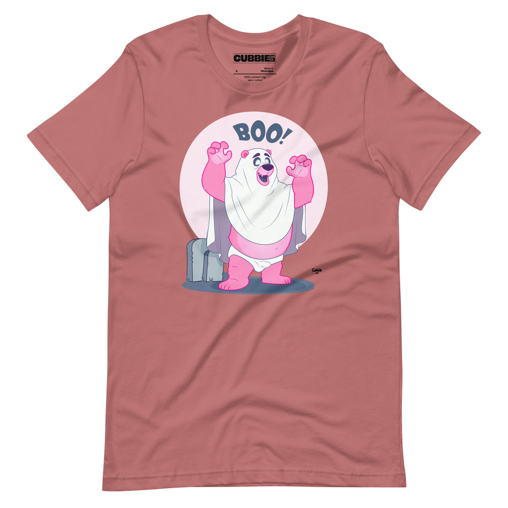 Mauve purple t-shirt featuring Jay, a cartoon mischievous LGBTQ+ bear character dressed as a ghost in a pink bedsheet saying "BOO!"