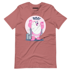 Mauve purple t-shirt featuring Jay, a cartoon mischievous LGBTQ+ bear character dressed as a ghost in a pink bedsheet saying "BOO!"