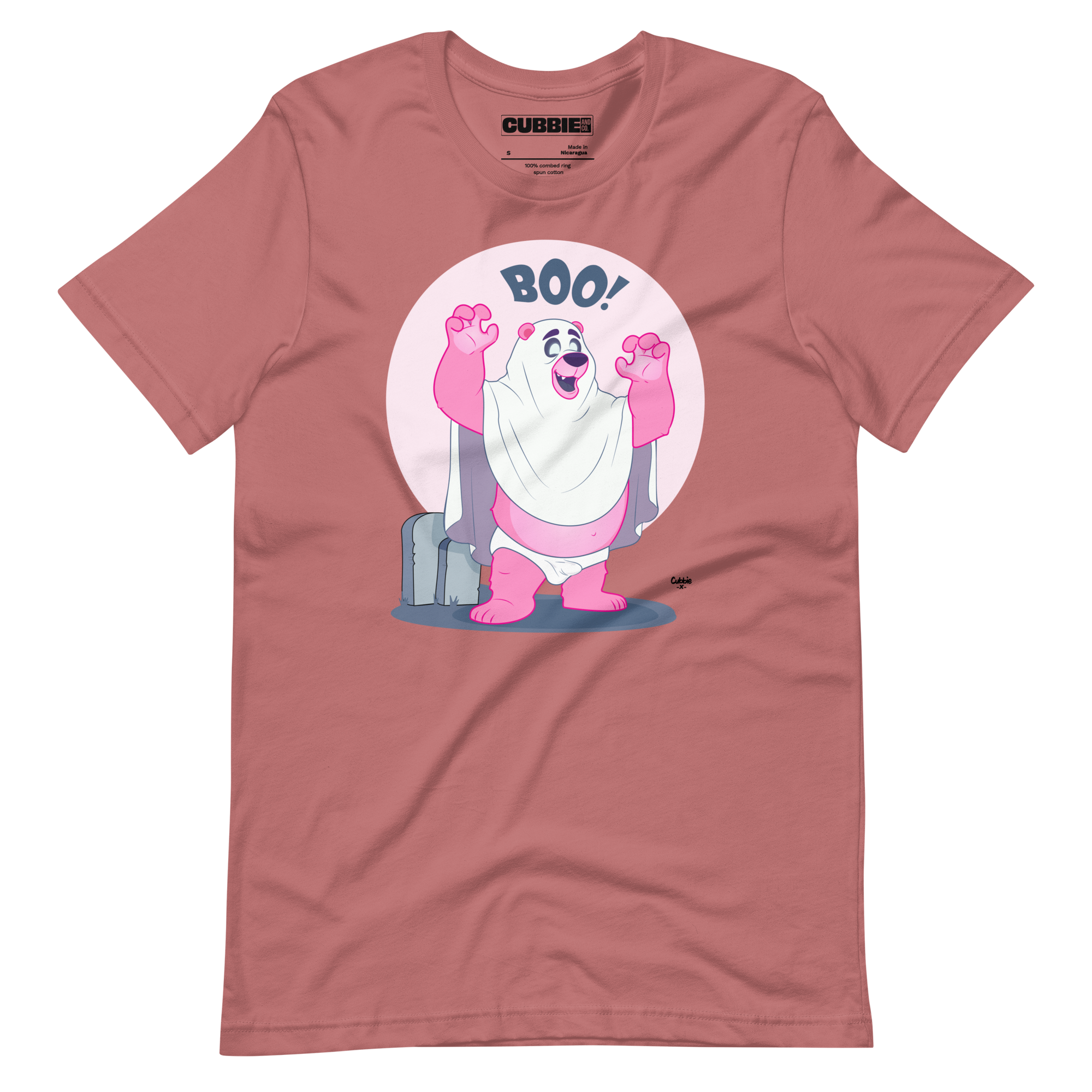 Mauve purple t-shirt featuring Jay, a cartoon mischievous LGBTQ+ bear character dressed as a ghost in a pink bedsheet saying "BOO!"