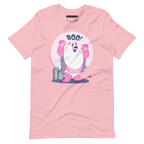 Pink t-shirt featuring Jay, a cartoon mischievous LGBTQ+ bear character dressed as a ghost in a pink bedsheet saying "BOO!"