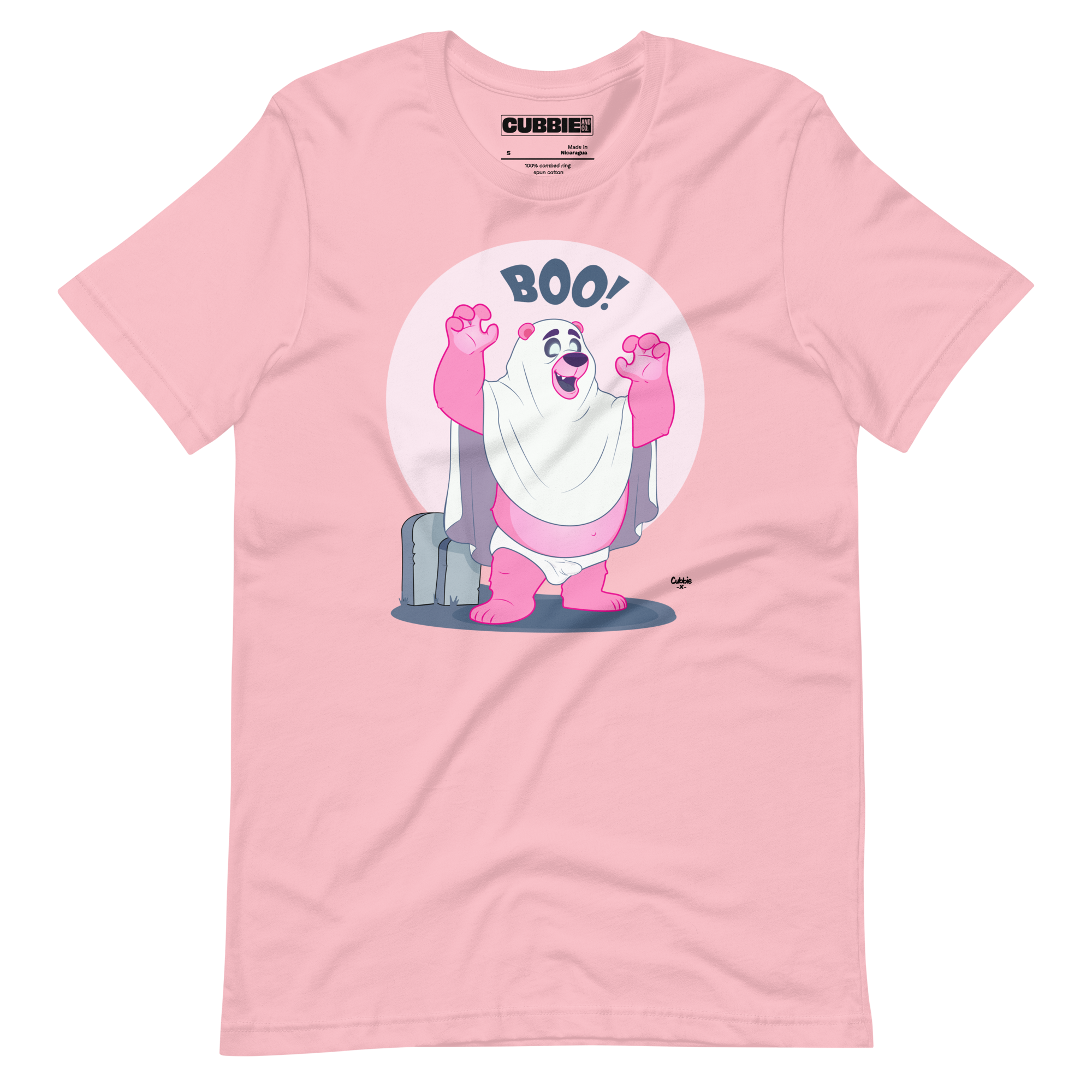 Pink t-shirt featuring Jay, a cartoon mischievous LGBTQ+ bear character dressed as a ghost in a pink bedsheet saying "BOO!"