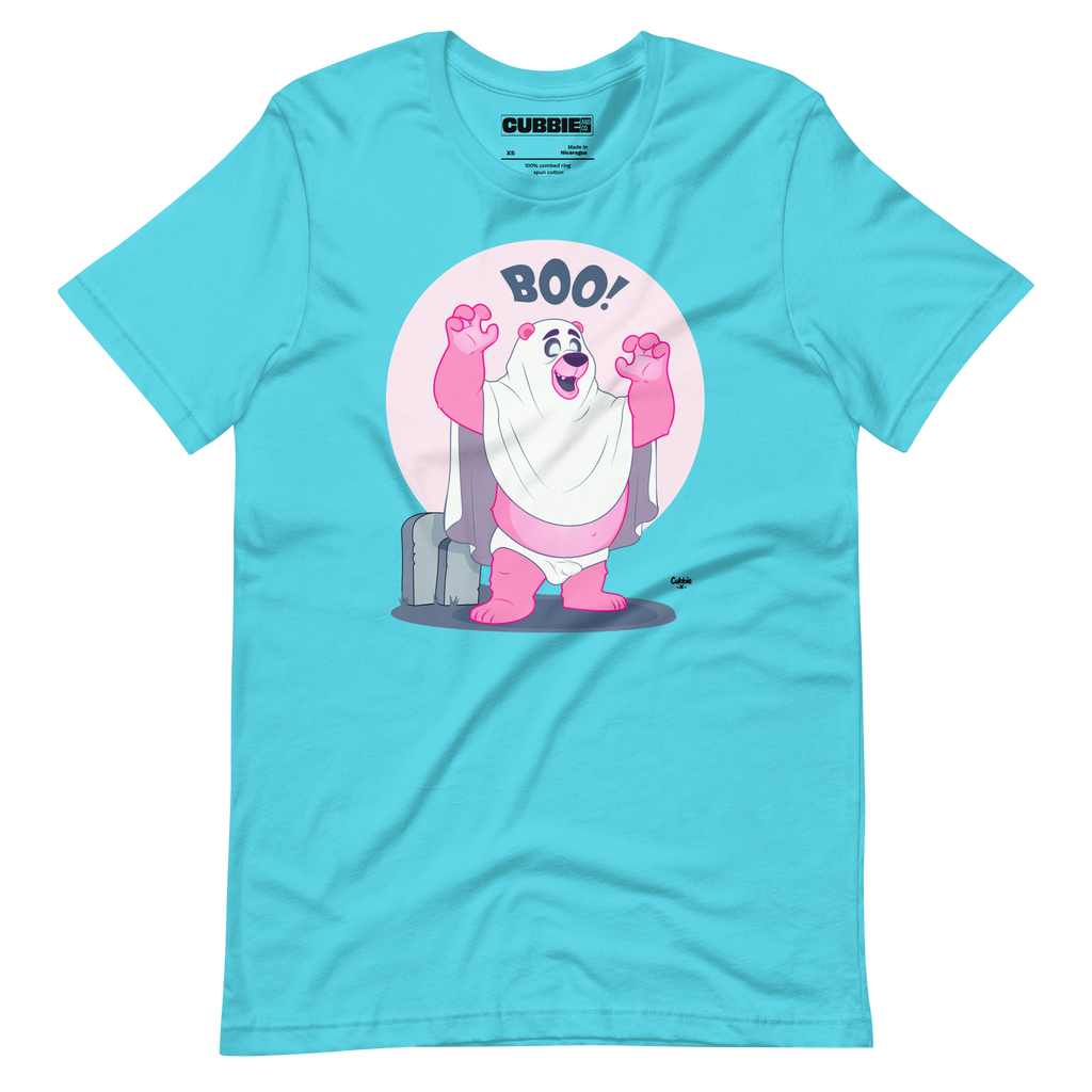Turquoise t-shirt featuring Jay, a cartoon mischievous LGBTQ+ bear character dressed as a ghost in a pink bedsheet saying "BOO!"
