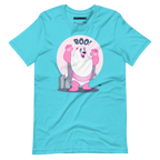 Turquoise t-shirt featuring Jay, a cartoon mischievous LGBTQ+ bear character dressed as a ghost in a pink bedsheet saying "BOO!"
