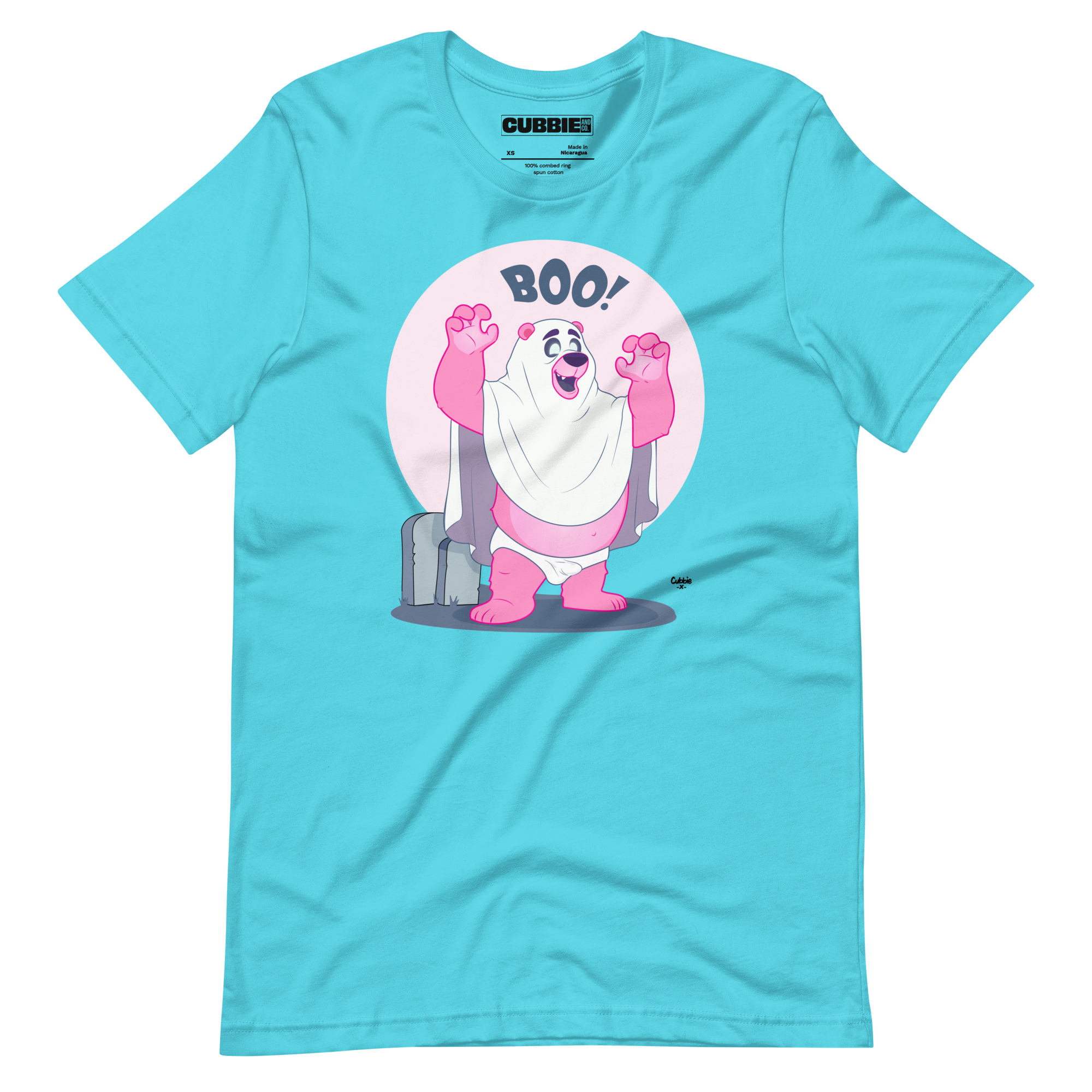 Turquoise t-shirt featuring Jay, a cartoon mischievous LGBTQ+ bear character dressed as a ghost in a pink bedsheet saying "BOO!"