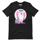 Faded black t-shirt featuring Jay, a cartoon mischievous LGBTQ+ bear character dressed as a ghost in a pink bedsheet saying "BOO!"