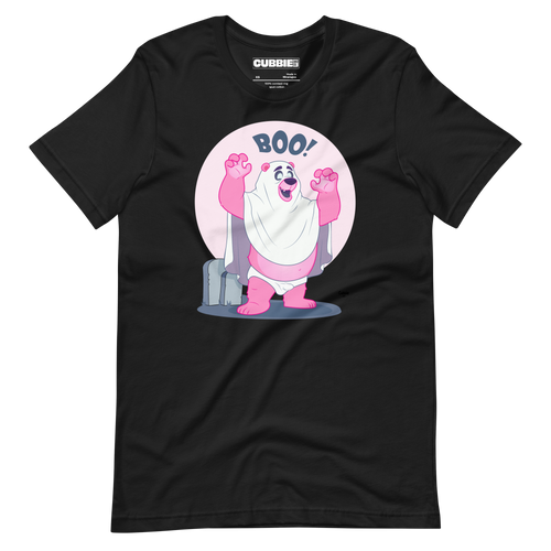 Faded black t-shirt featuring Jay, a cartoon mischievous LGBTQ+ bear character dressed as a ghost in a pink bedsheet saying "BOO!"