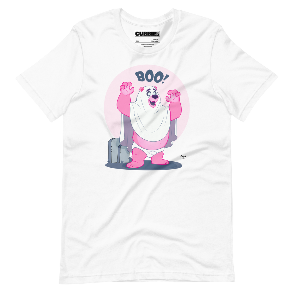 White t-shirt featuring Jay, a cartoon mischievous LGBTQ+ bear character dressed as a ghost in a pink bedsheet saying "BOO!"