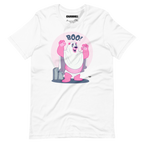 White t-shirt featuring Jay, a cartoon mischievous LGBTQ+ bear character dressed as a ghost in a pink bedsheet saying "BOO!"