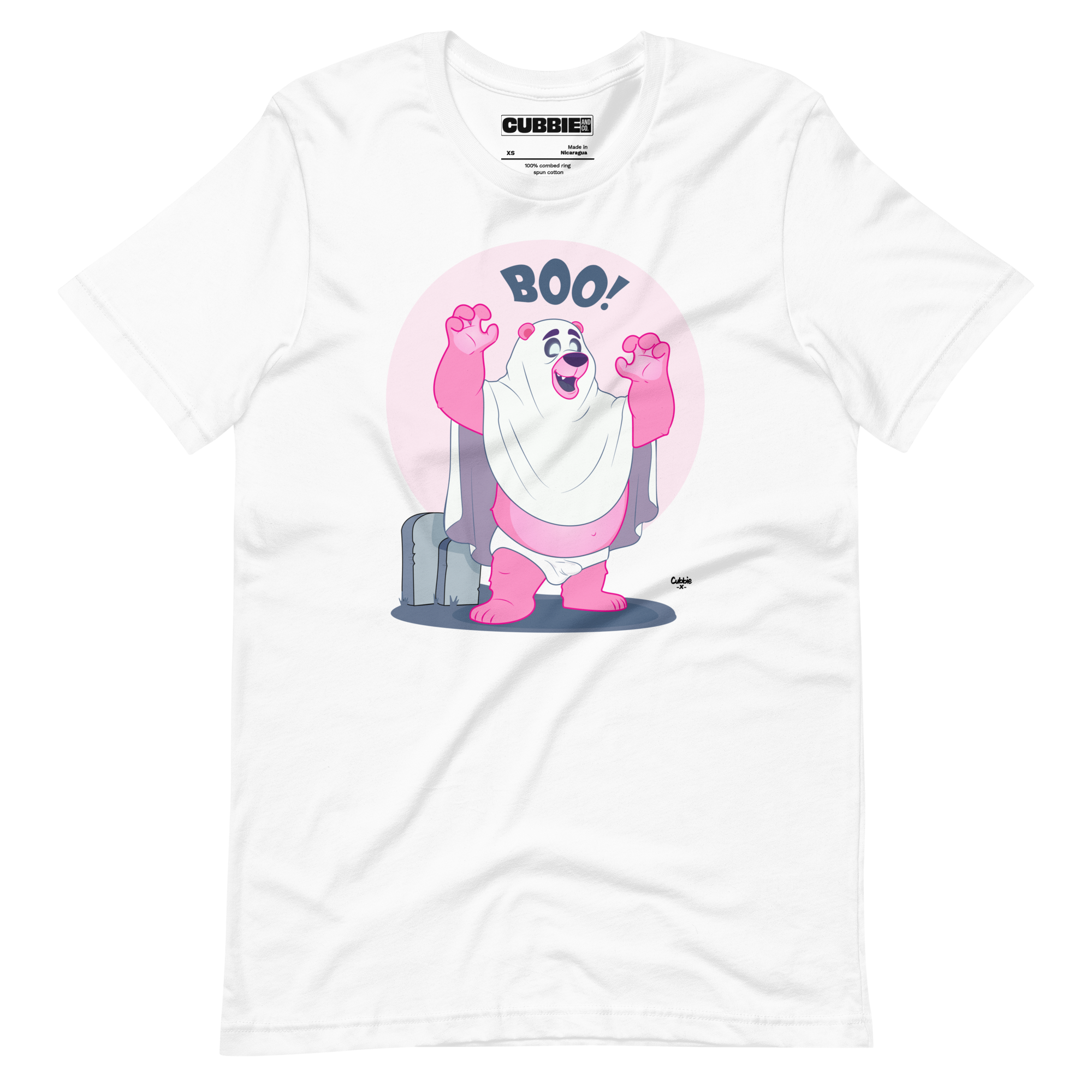 White t-shirt featuring Jay, a cartoon mischievous LGBTQ+ bear character dressed as a ghost in a pink bedsheet saying "BOO!"