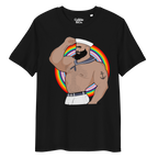 Black t-shirt featuring Kitt the sailor shirtless with white sailor hat and pants, saluting and flexing, with anchor tattoo in front of a Pride rainbow