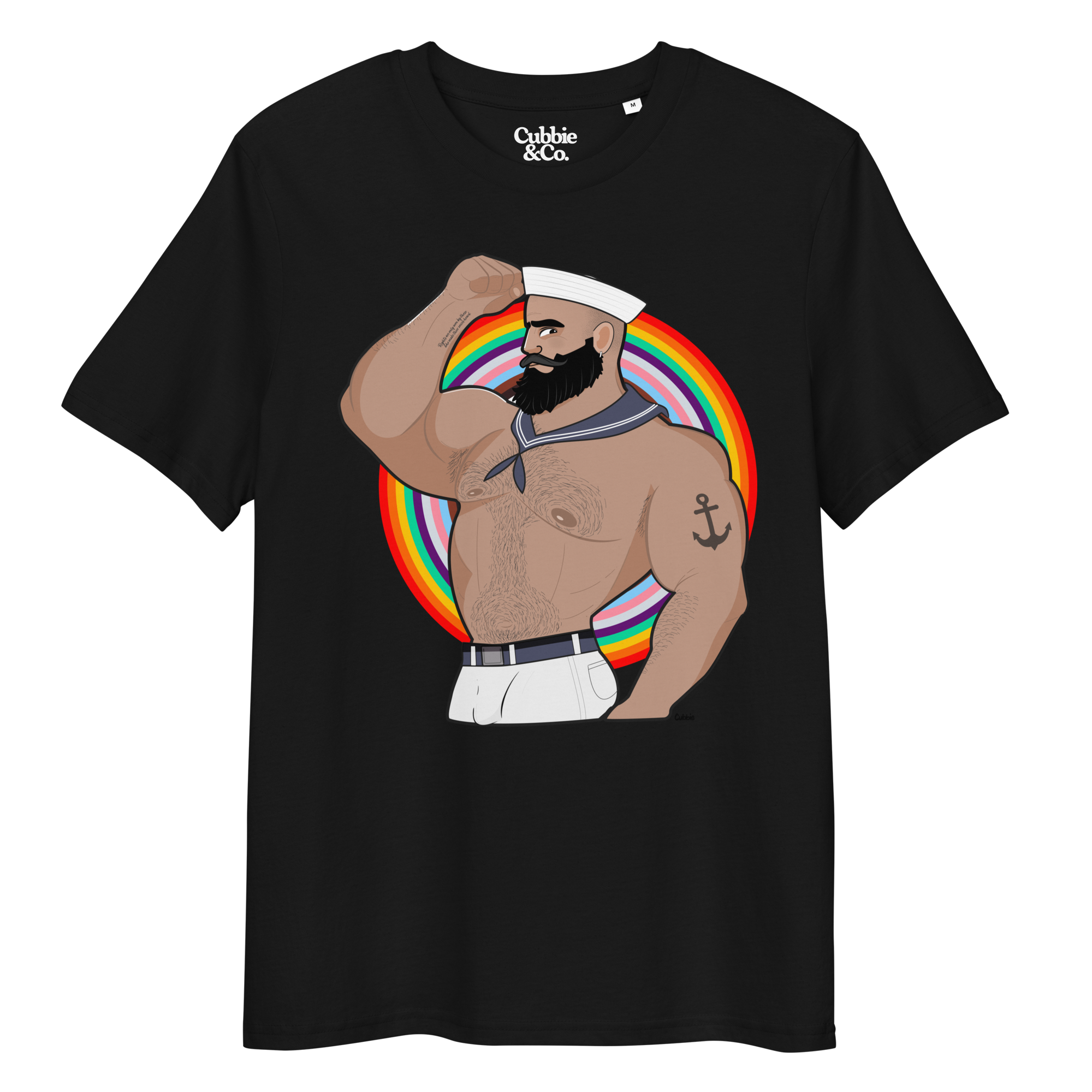 Black t-shirt featuring Kitt the sailor shirtless with white sailor hat and pants, saluting and flexing, with anchor tattoo in front of a Pride rainbow