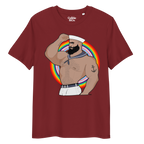 Burgundy t-shirt featuring Kitt the sailor shirtless with white sailor hat and pants, saluting and flexing, with anchor tattoo in front of a Pride rainbow