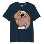 French navy t-shirt featuring Kitt the sailor shirtless with white sailor hat and pants, saluting and flexing, with anchor tattoo in front of a Pride rainbow
