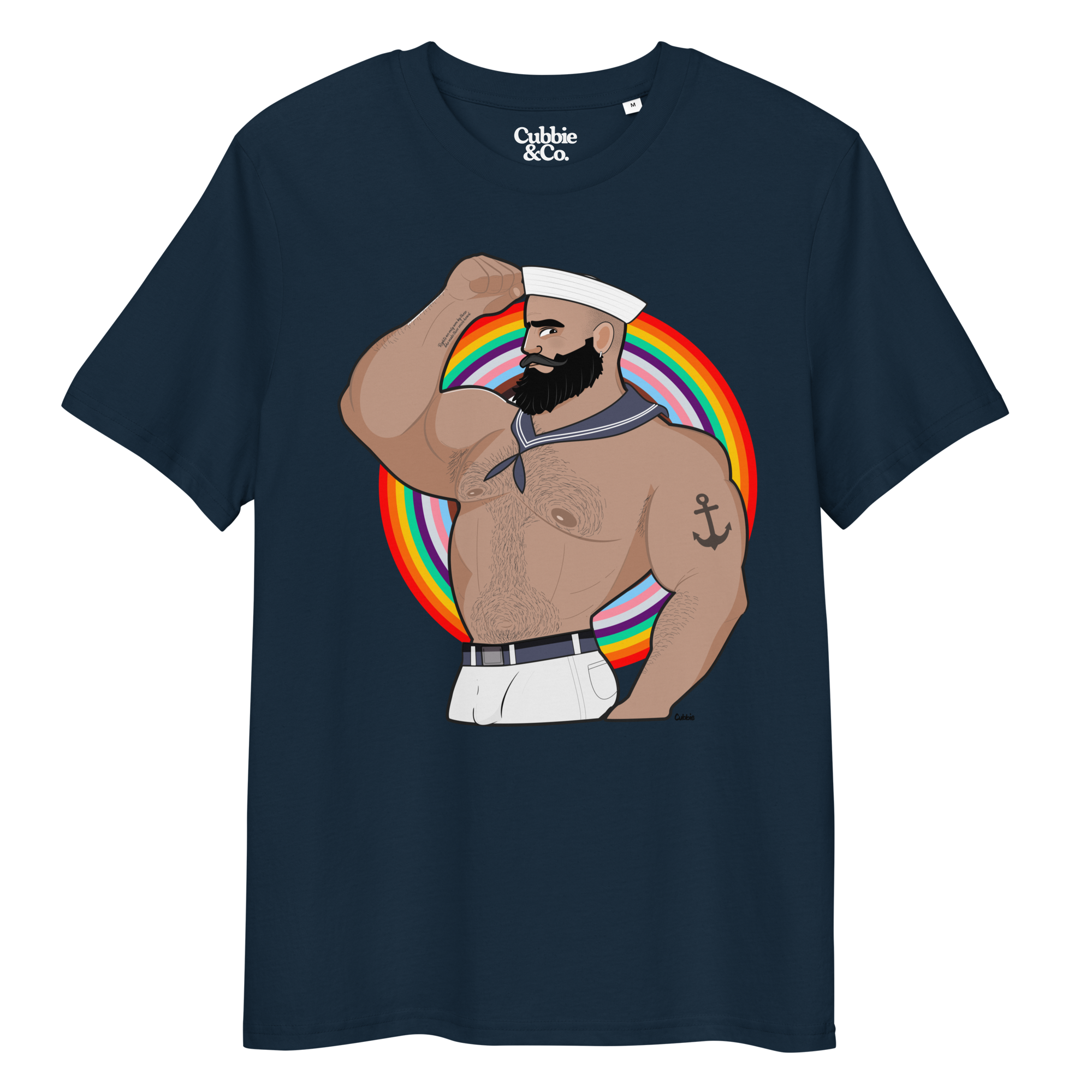 French navy t-shirt featuring Kitt the sailor shirtless with white sailor hat and pants, saluting and flexing, with anchor tattoo in front of a Pride rainbow