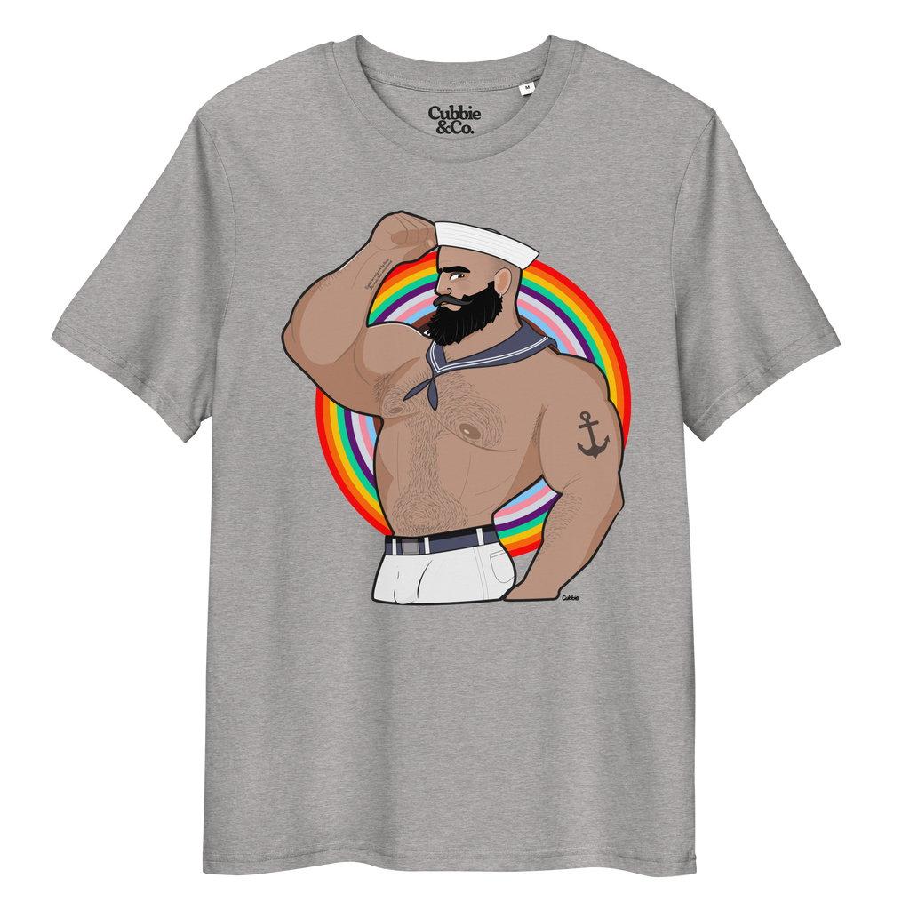 Heather grey t-shirt featuring Kitt the sailor shirtless with white sailor hat and pants, saluting and flexing, with anchor tattoo in front of a Pride rainbow