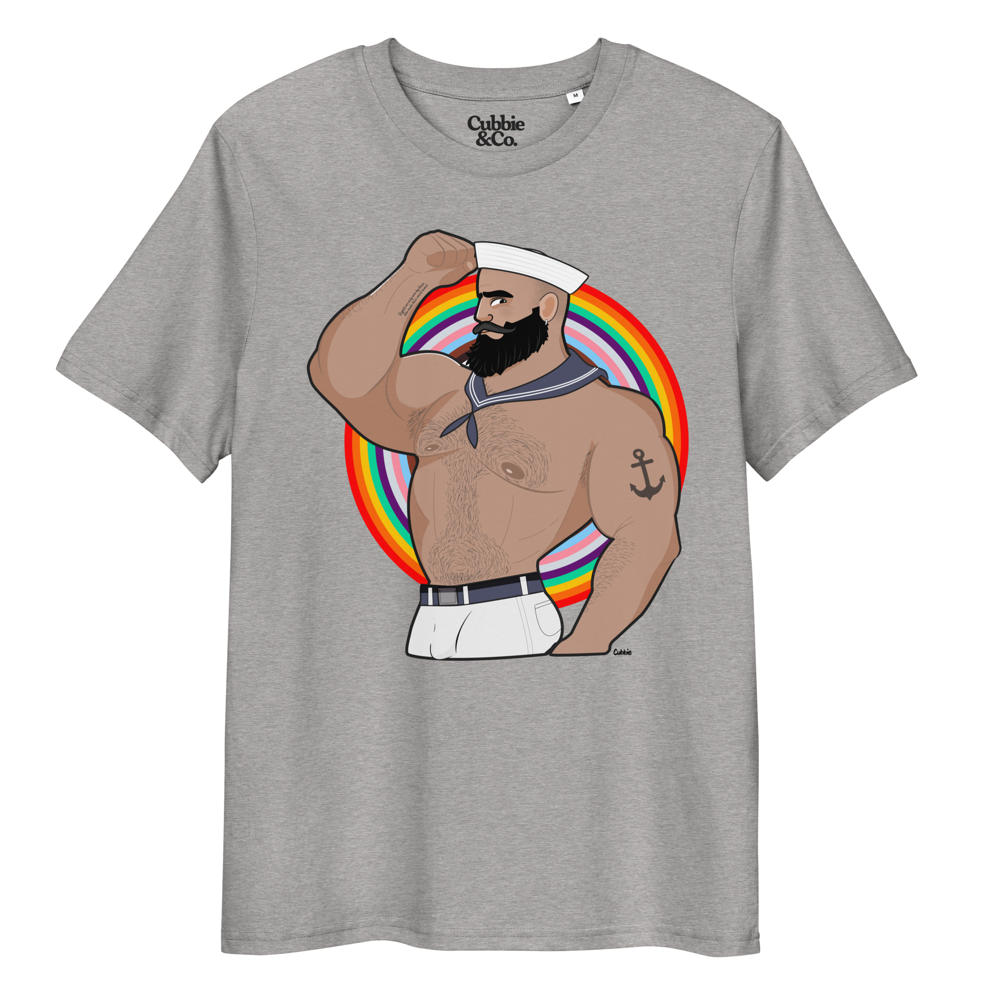 Heather grey t-shirt featuring Kitt the sailor shirtless with white sailor hat and pants, saluting and flexing, with anchor tattoo in front of a Pride rainbow