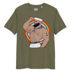 Khaki t-shirt featuring Kitt the sailor shirtless with white sailor hat and pants, saluting and flexing, with anchor tattoo in front of a Pride rainbow