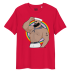 Red t-shirt featuring Kitt the sailor shirtless with white sailor hat and pants, saluting and flexing, with anchor tattoo in front of a Pride rainbow