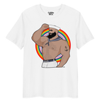 White t-shirt featuring Kitt the sailor shirtless with white sailor hat and pants, saluting and flexing, with anchor tattoo in front of a Pride rainbow
