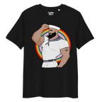 Black t-shirt featuring Kitt the sailor shirtless with white sailor hat and pants, saluting and flexing, with anchor tattoo in front of a Pride rainbow