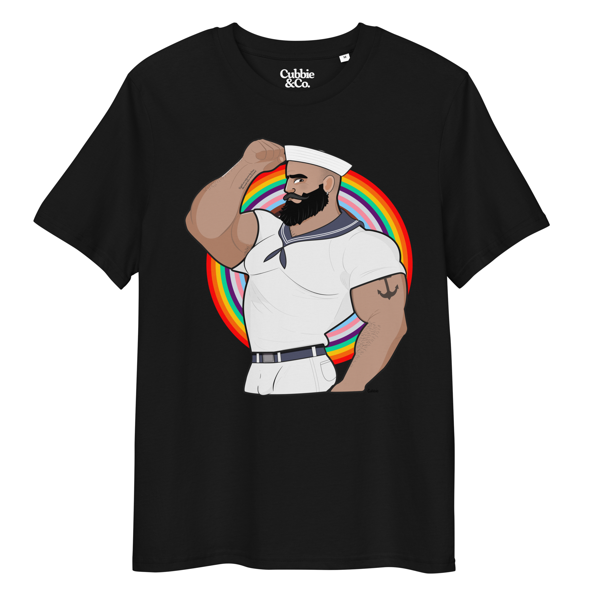 Black t-shirt featuring Kitt the sailor shirtless with white sailor hat and pants, saluting and flexing, with anchor tattoo in front of a Pride rainbow