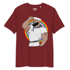 Burgundy t-shirt featuring Kitt the sailor shirtless with white sailor hat and pants, saluting and flexing, with anchor tattoo in front of a Pride rainbow