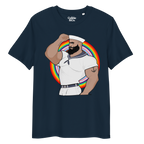 French navy t-shirt featuring Kitt the sailor shirtless with white sailor hat and pants, saluting and flexing, with anchor tattoo in front of a Pride rainbow