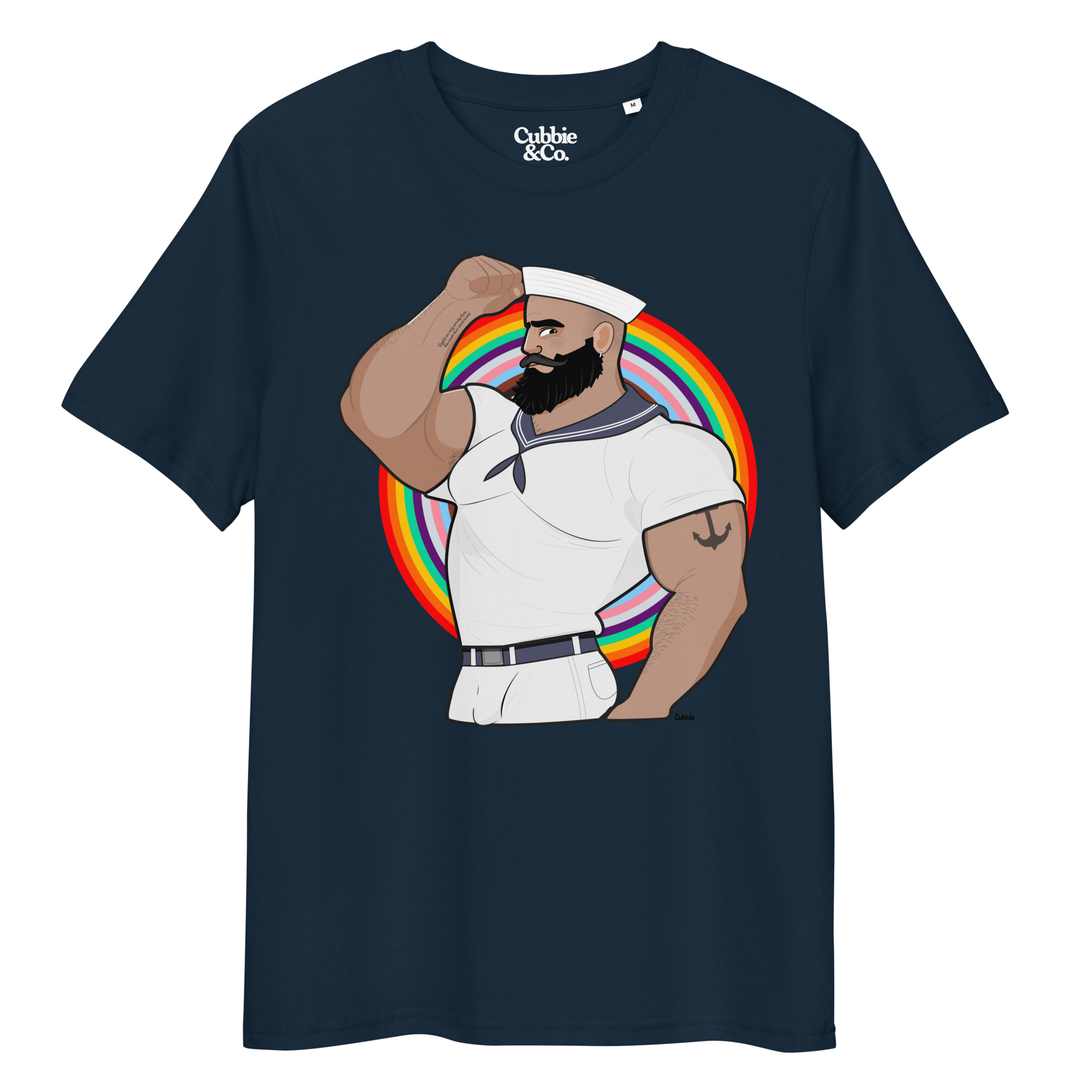 French navy t-shirt featuring Kitt the sailor shirtless with white sailor hat and pants, saluting and flexing, with anchor tattoo in front of a Pride rainbow