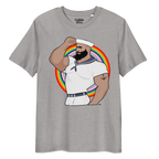Heather grey t-shirt featuring Kitt the sailor shirtless with white sailor hat and pants, saluting and flexing, with anchor tattoo in front of a Pride rainbow
