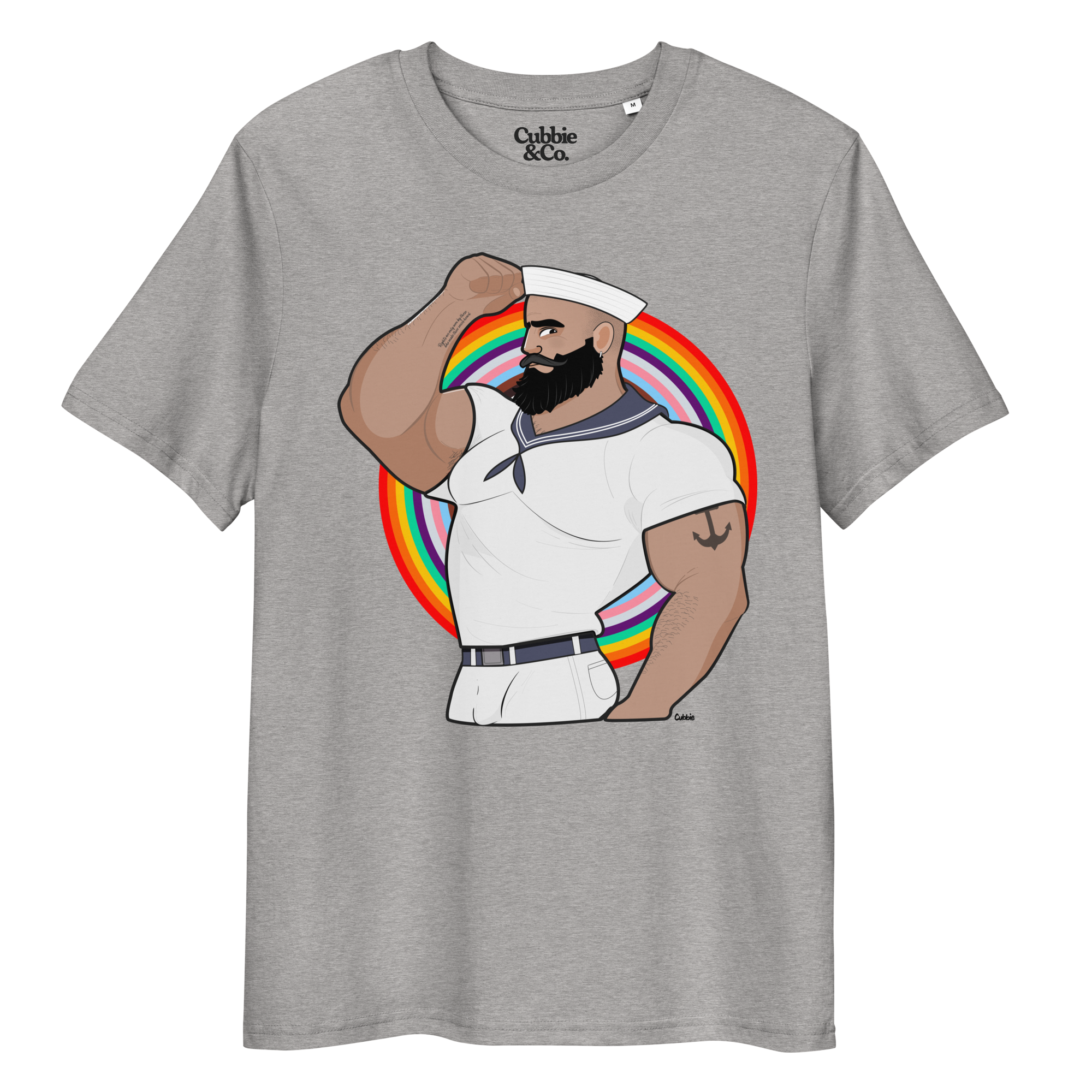 Heather grey t-shirt featuring Kitt the sailor shirtless with white sailor hat and pants, saluting and flexing, with anchor tattoo in front of a Pride rainbow