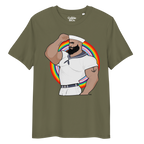 Khaki t-shirt featuring Kitt the sailor shirtless with white sailor hat and pants, saluting and flexing, with anchor tattoo in front of a Pride rainbow