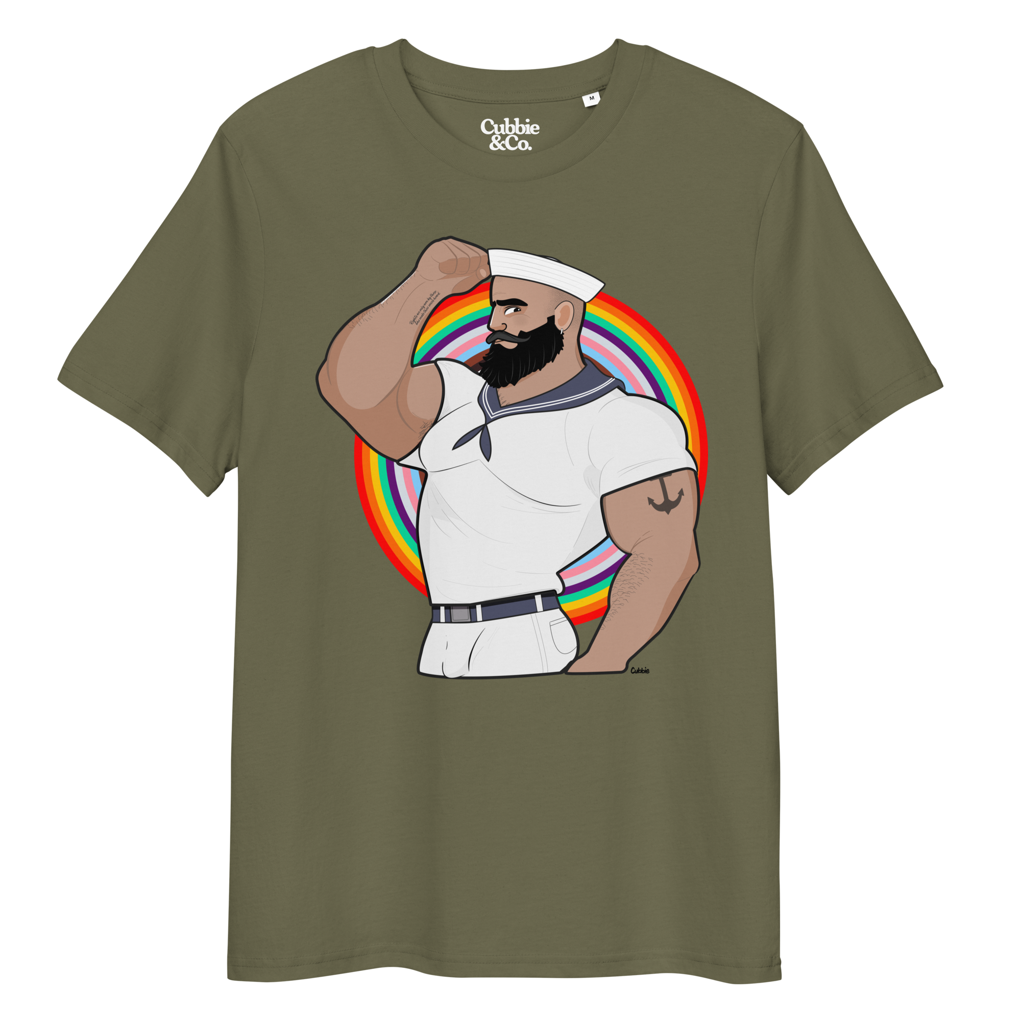 Khaki t-shirt featuring Kitt the sailor shirtless with white sailor hat and pants, saluting and flexing, with anchor tattoo in front of a Pride rainbow