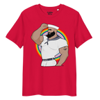 Red t-shirt featuring Kitt the sailor shirtless with white sailor hat and pants, saluting and flexing, with anchor tattoo in front of a Pride rainbow