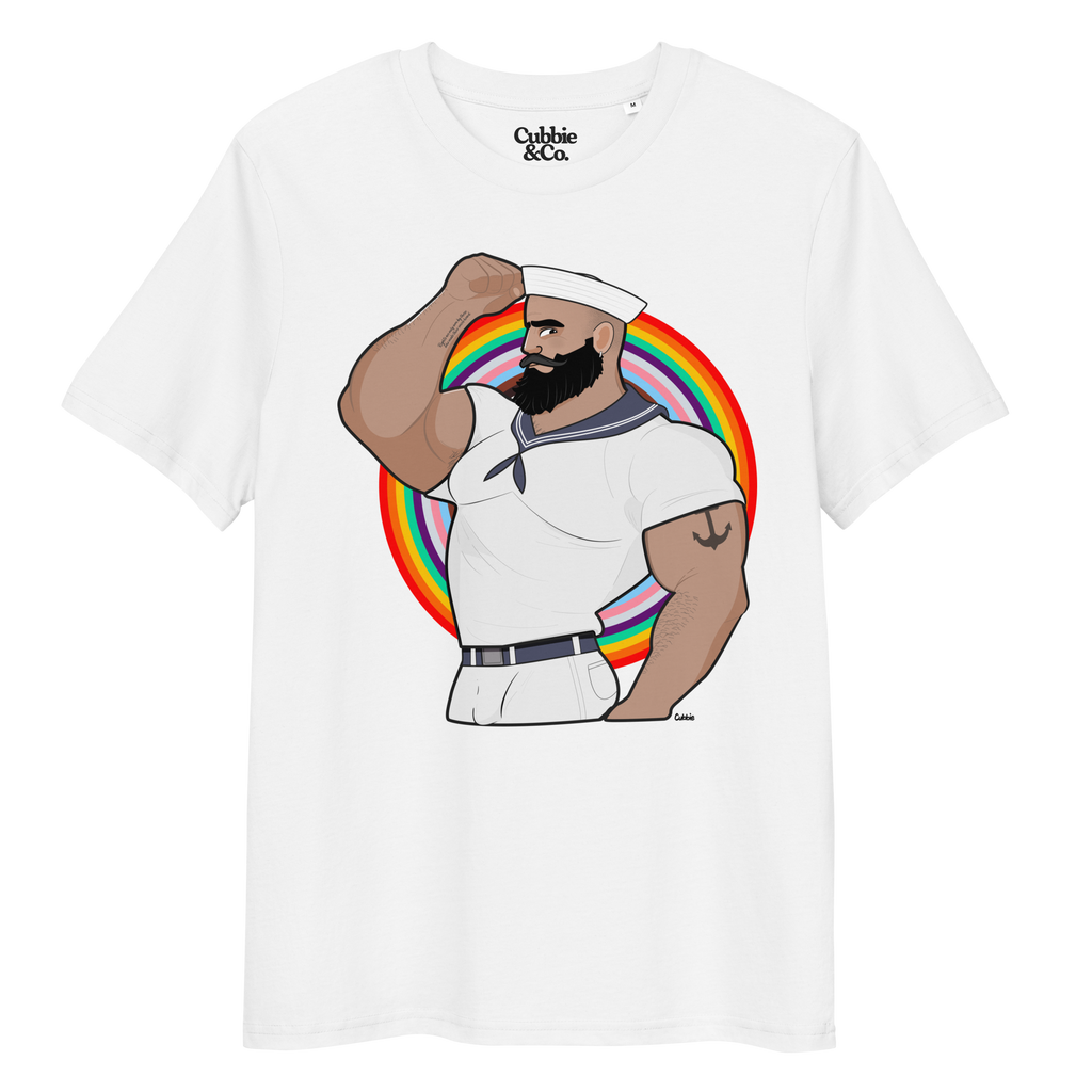 White t-shirt featuring Kitt the sailor shirtless with white sailor hat and pants, saluting and flexing, with anchor tattoo in front of a Pride rainbow