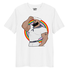 White t-shirt featuring Kitt the sailor shirtless with white sailor hat and pants, saluting and flexing, with anchor tattoo in front of a Pride rainbow