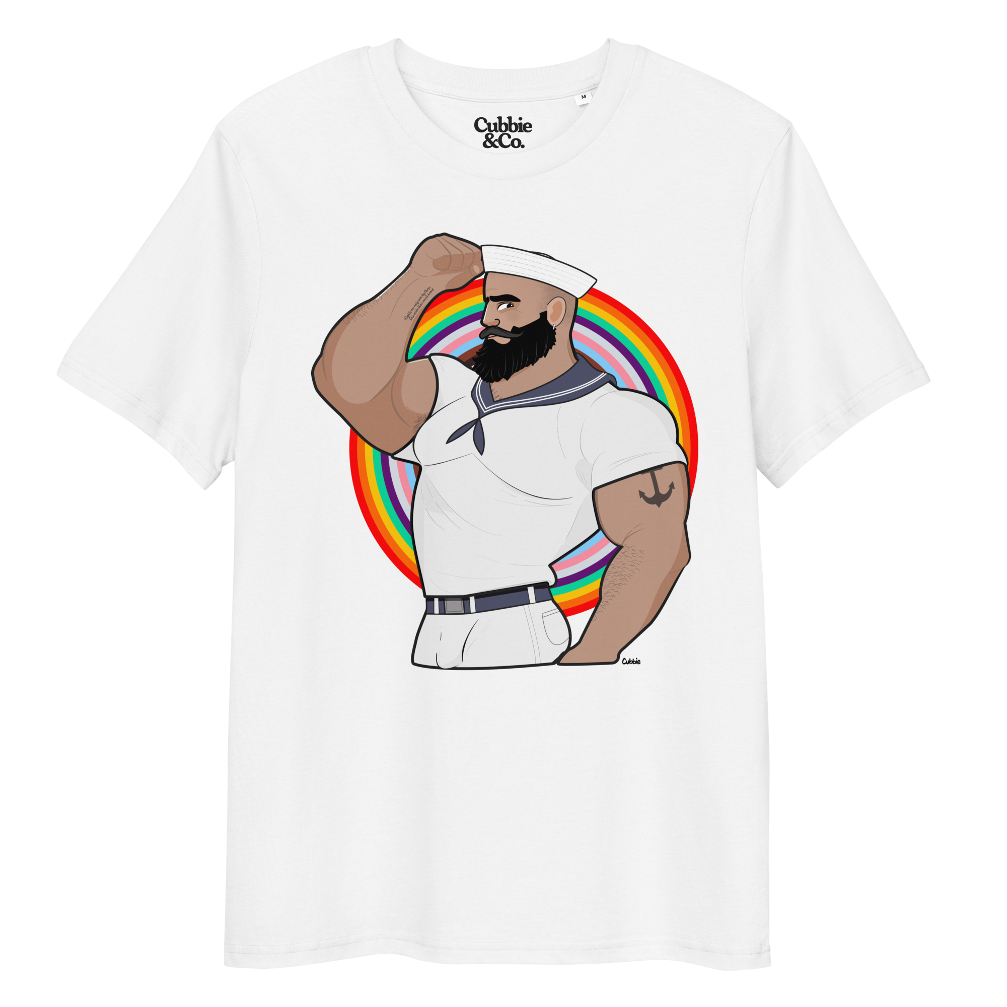 White t-shirt featuring Kitt the sailor shirtless with white sailor hat and pants, saluting and flexing, with anchor tattoo in front of a Pride rainbow