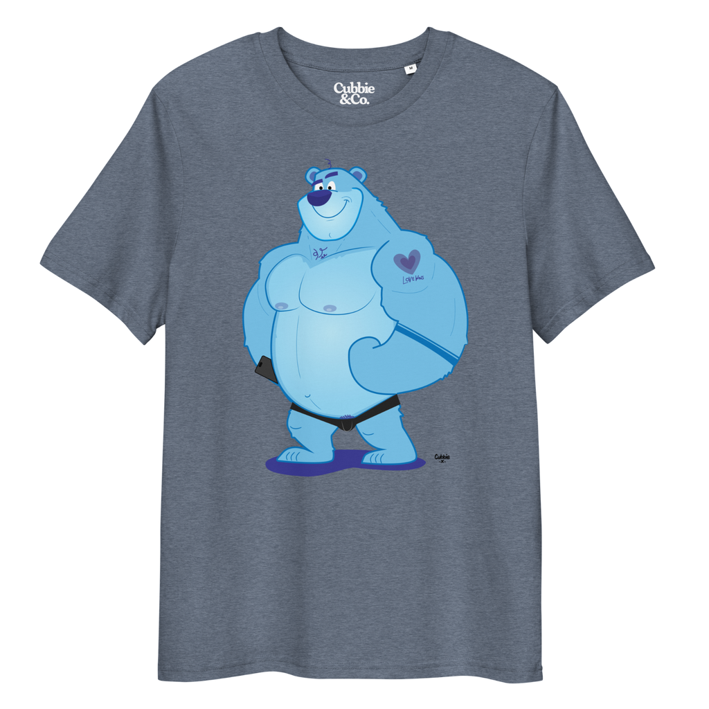 Heather blue t-shirt featuring Knox the muscle bear, always ready to bring in the hugs