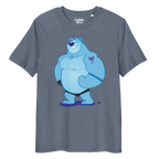 Heather blue t-shirt featuring Knox the muscle bear, always ready to bring in the hugs