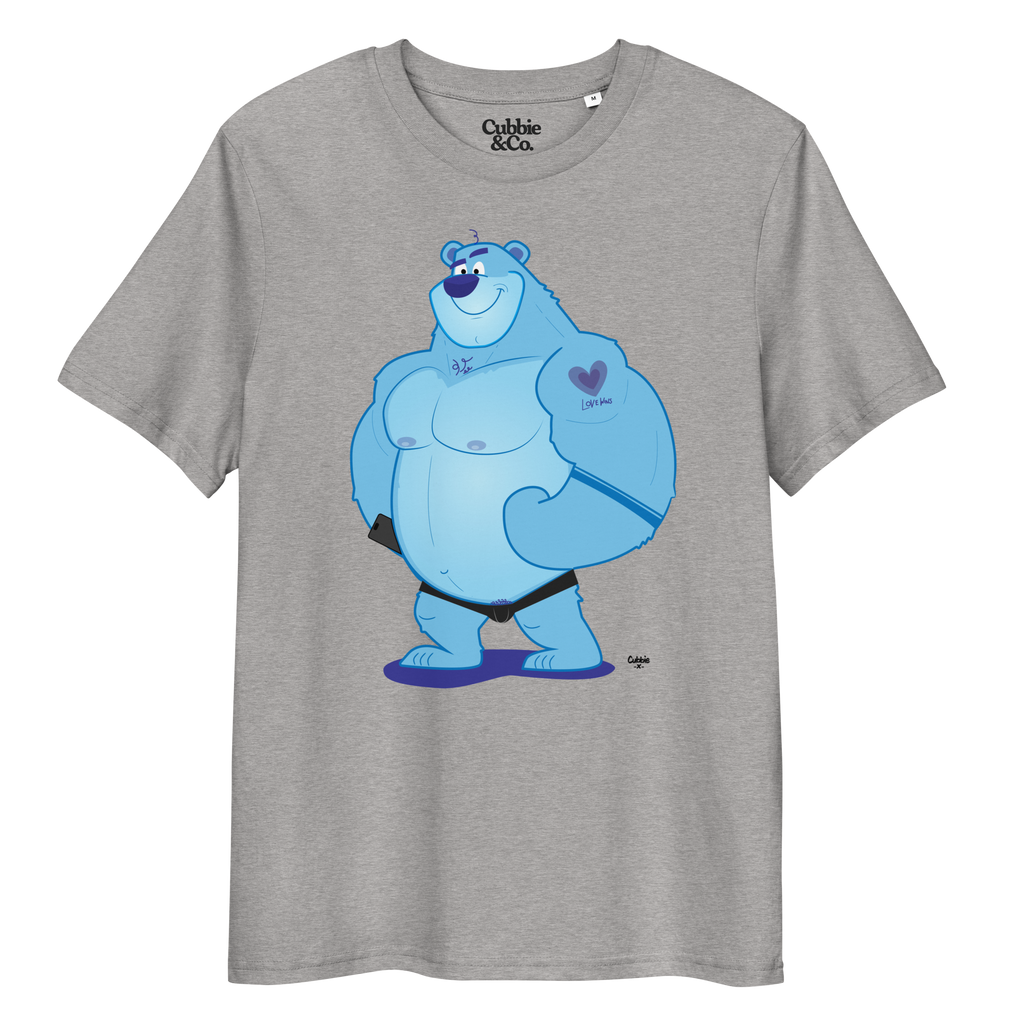 Heather grey t-shirt featuring Knox the muscle bear, always ready to bring in the hugs