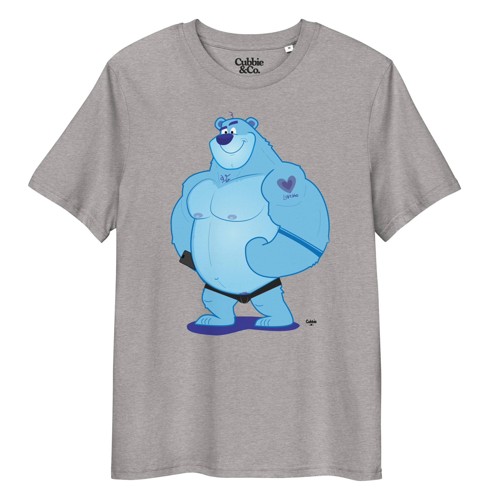 Heather grey t-shirt featuring Knox the muscle bear, always ready to bring in the hugs