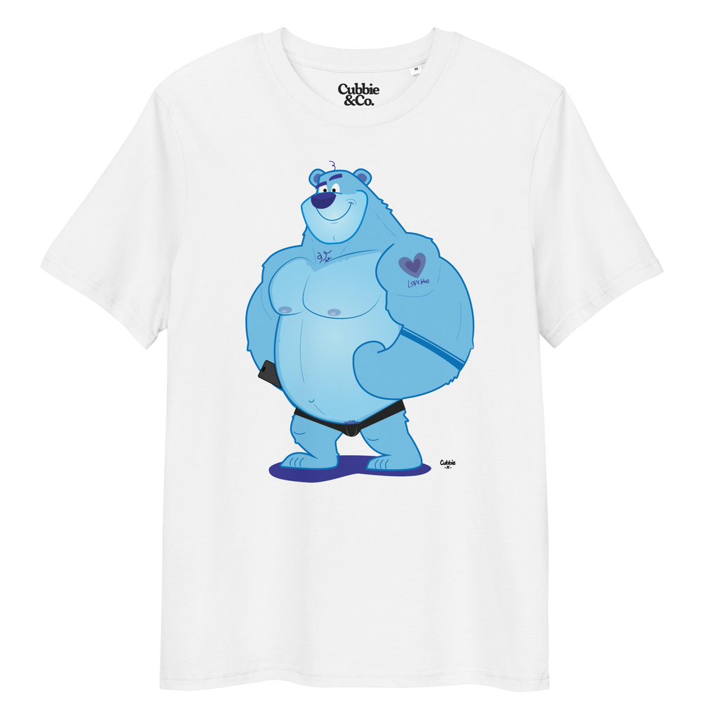White t-shirt featuring Knox the muscle bear, always ready to bring in the hugs