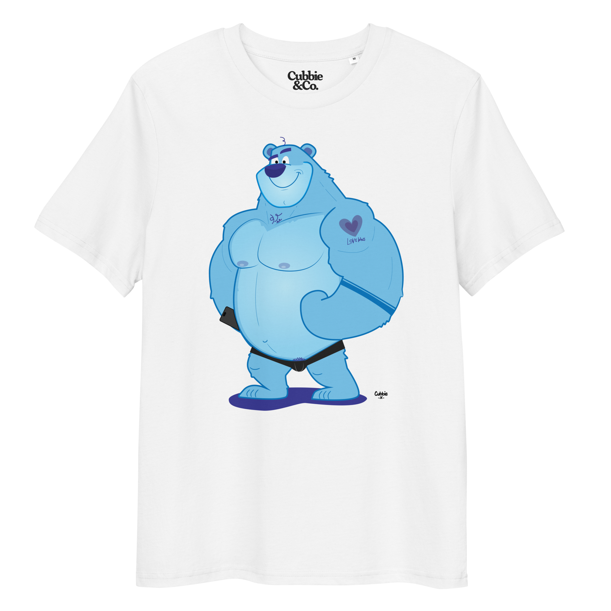 White t-shirt featuring Knox the muscle bear, always ready to bring in the hugs