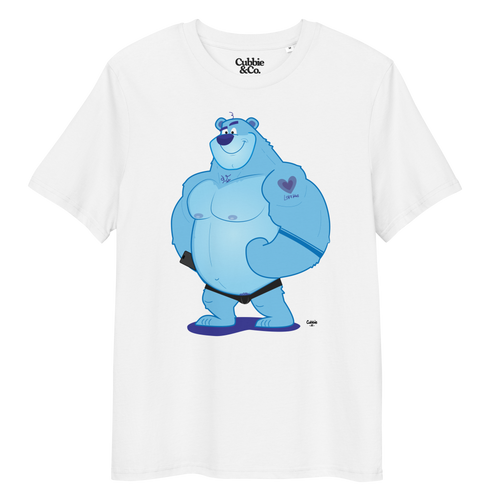 White t-shirt featuring Knox the muscle bear, always ready to bring in the hugs
