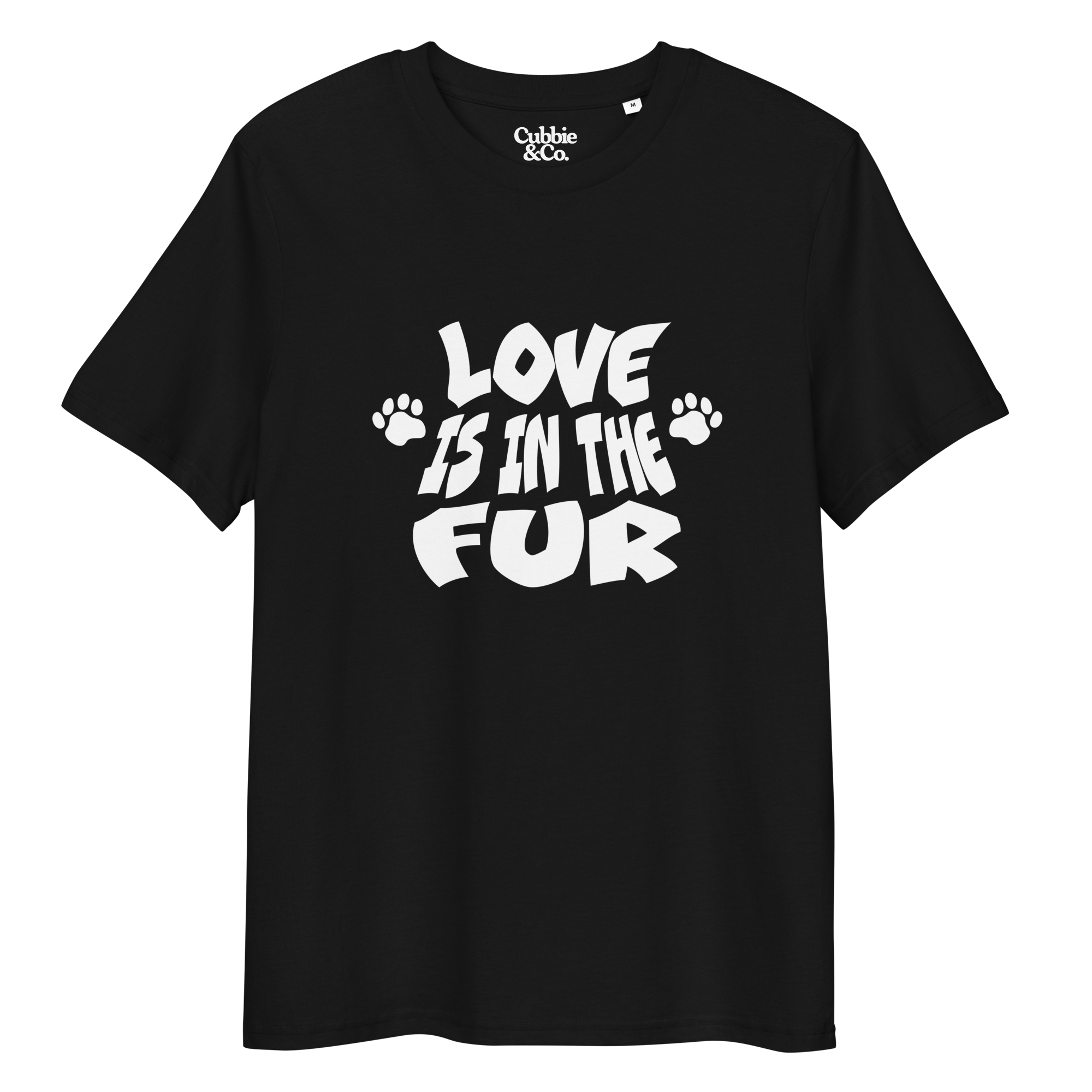 Black t-shirt with 'Love is in the fur' wordmark and 'Cubbie & Co' branding
